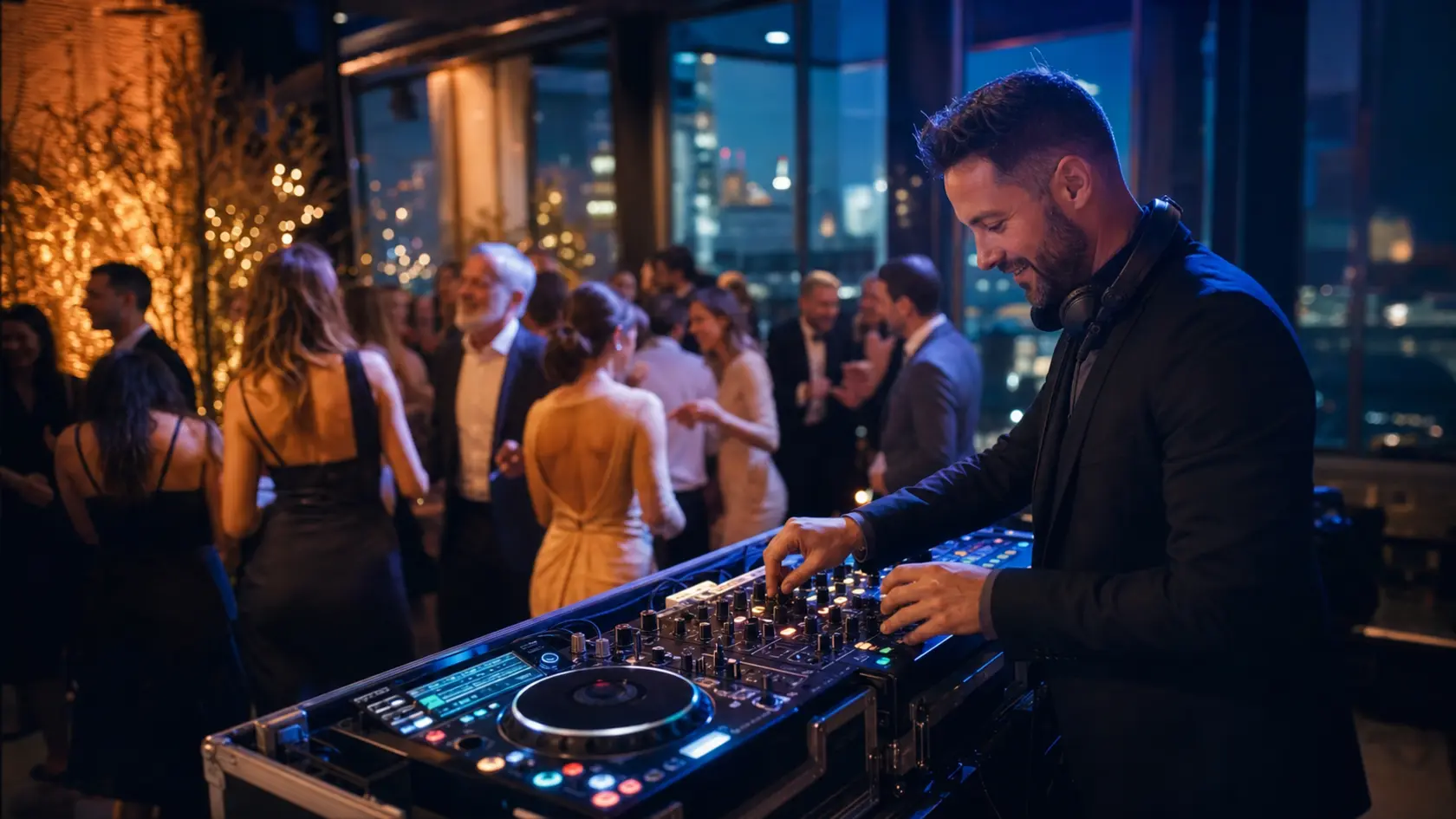 Event-DJ mit hochwertigem DJ-Setup und tanzenden Gästen